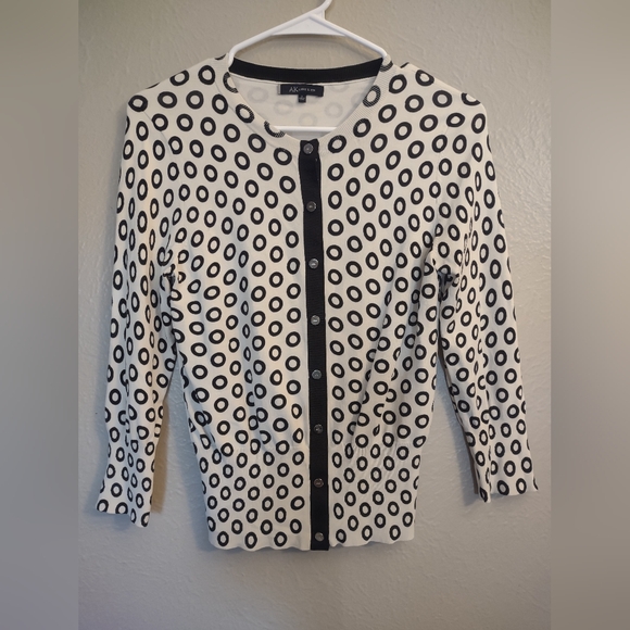 Anne Klein Silk Blend Cream and Black Snap Button Front Cardigan - Picture 1 of 15